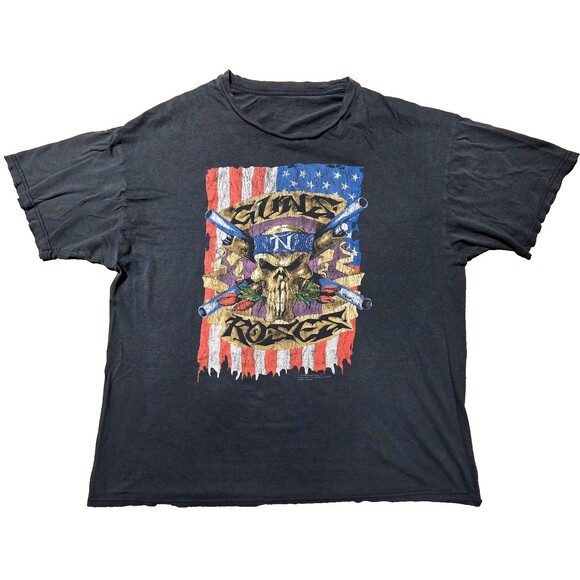 Retro Guns N Roses Shirt XL THRASHED American Flag Skull 2010 Black Frog READ - Picture 1 of 14
